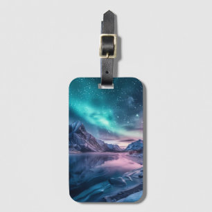 Etiqueta De Bagagem Aurora Borealis Sobre A Paisagem Da Montanha Snowy