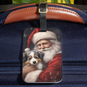 Etiqueta De Bagagem Australian Shepherd com Papai Noel Natal