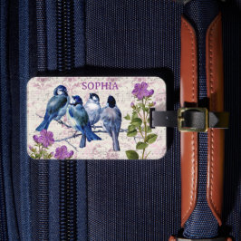 Etiqueta De Bagagem Aves Azuis Vintage, Flores Roxas, Música Lavanda
