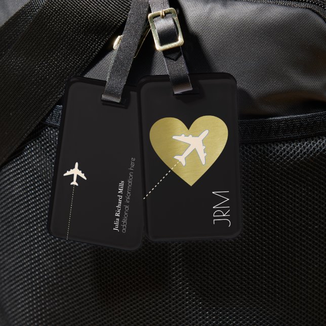 Etiqueta De Bagagem Avião com amor Dourado Faux Tavel (Criador carregado)