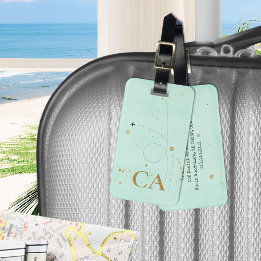 Etiqueta De Bagagem Avião Dourado Monograma Minimalista Leve Teal