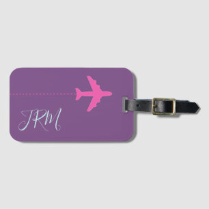 Etiqueta De Bagagem avião rosa personalizado em monograma roxo