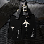 Etiqueta De Bagagem avião viagem branco e preto personalizado<br><div class="desc">Um item elegante com a imagem gráfica de um plano branco a preto (cor personalizada),  para identificar os seus pertences</div>