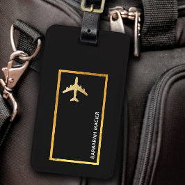 Etiqueta De Bagagem avião viagem faux gold personalizável preto