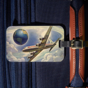 Etiqueta De Bagagem Avião Vintage Voando ao redor do mundo em nuvens