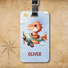 Etiqueta De Bagagem Avião Voador Dinossauro Piloto Cute