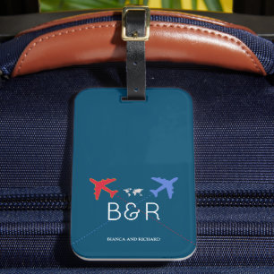 Etiqueta De Bagagem Aviões vermelhos e azuis com nome do Casal