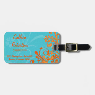 Etiqueta De Bagagem Azul-aqua Abstrato Floral de Laranja Azul Personal