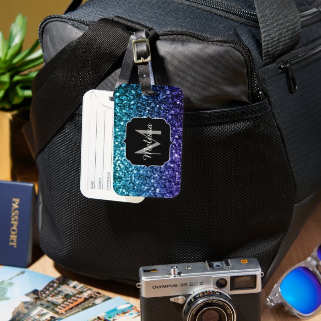Etiqueta De Bagagem Azul Aqua Ombre faux glitter farelos Monograma (Frente e Verso)