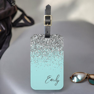 Etiqueta De Bagagem Azul Aqua Verde Teal Prata Glitter Monograma