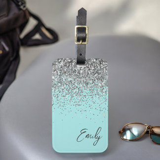 Etiqueta De Bagagem Azul Aqua Verde Teal Prata Glitter Monograma