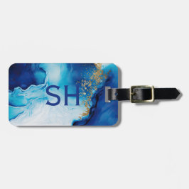 Etiqueta De Bagagem Azul-branco Dourado mármore