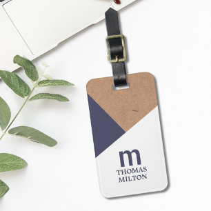 Etiqueta De Bagagem Azul Branco Kraft Impresso Geométrico Moderno