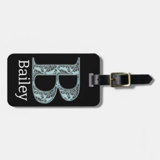 Etiqueta De Bagagem Azul, Damasco Floral Impressão B, iniciais do mono