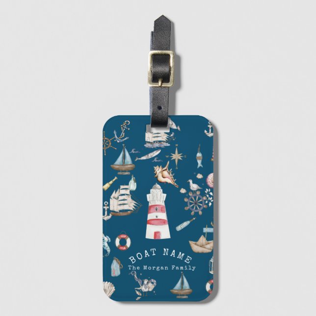 Etiqueta De Bagagem Azul de Elementos Náuticos de Aquarela (Frente Vertical)