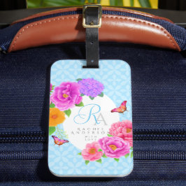 Etiqueta De Bagagem Azul do Jardim dos Monogramas românticos