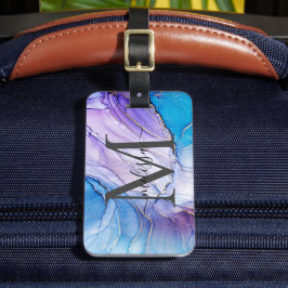 Etiqueta De Bagagem Azul e Roxo Marmoreados Monogramas