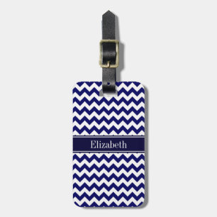 Etiqueta De Bagagem Azul Marinho Branco Chevron Monograma de Nome Azul