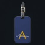 Etiqueta De Bagagem Azul Marinho Dourado Feminino Monograma Nome Moder<br><div class="desc">Monograma Azul Marinho e Dourado Adicione Seu Nome Personalizado Assinatura Travesseiro. A etiqueta da mala faz o presente perfeito para alguém que ama um estilo elegante e moderno para aniversário de 16 anos,  casamento,  chá de noiva,  chá de bebê ou despedida de solteira.</div>