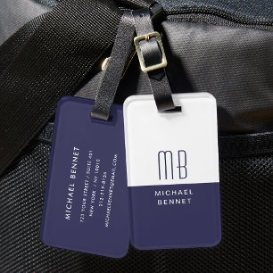 Etiqueta De Bagagem Azul Marinho Monogramado Elegante