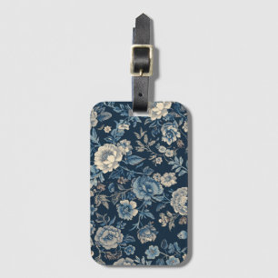 Etiqueta De Bagagem Azul Marinho Padrão Botânico Floral Vintage