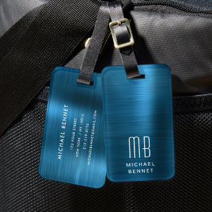 Etiqueta De Bagagem Azul-monograma elegante
