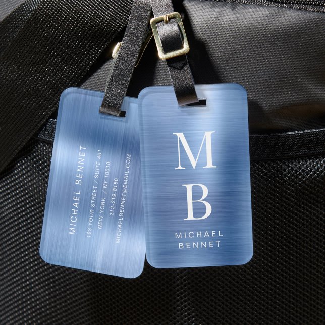 Etiqueta De Bagagem Azul monograma elegante (Elegant Monogrammed Blue Luggage Tag)