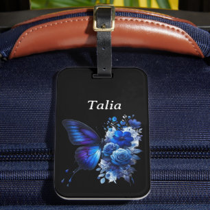 Etiqueta De Bagagem Azul na borboleta Floral Preta Personalizada