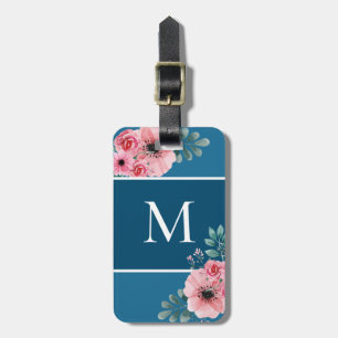 Etiqueta De Bagagem Azul Oceano Simples Bloco de Cores Monograma Flor