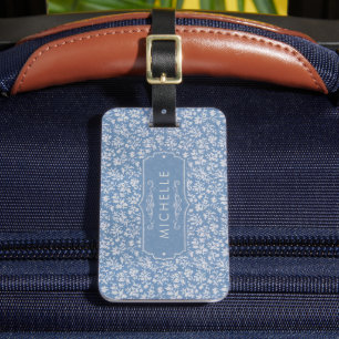 Etiqueta De Bagagem Azul Pastel Suave e Padrão Boho Floral Branco Cinz