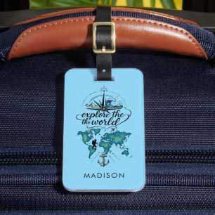 Etiqueta De Bagagem Azul Sólido Brilhante Personalizado Explore o Mund
