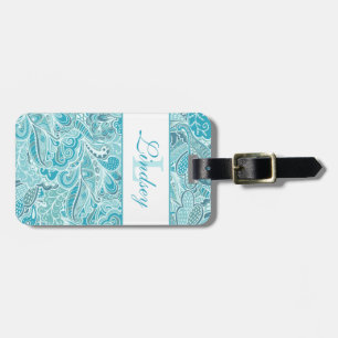 Etiqueta De Bagagem Azul Teal E Bagaço Branco Monograma De Bagagens T
