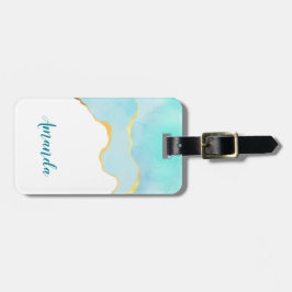 Etiqueta De Bagagem Azul Tropical Tranquila Verde com Borda Dourada