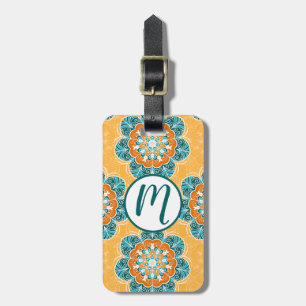 Etiqueta De Bagagem Azulejo Floral Mandala em Laranja e Teal