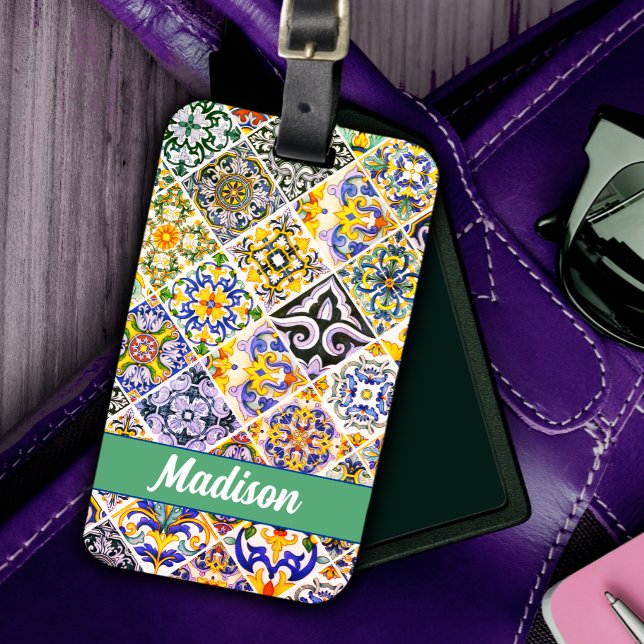 Etiqueta De Bagagem Azulejo verde do Mediterrâneo Mexicano Siciliano (Criador carregado)