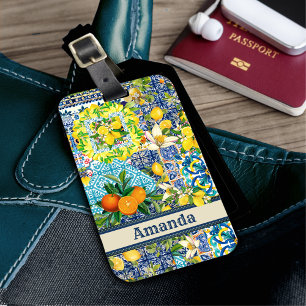 Etiqueta De Bagagem Azulejos Florais de Citrino Siciliano Azul Chic