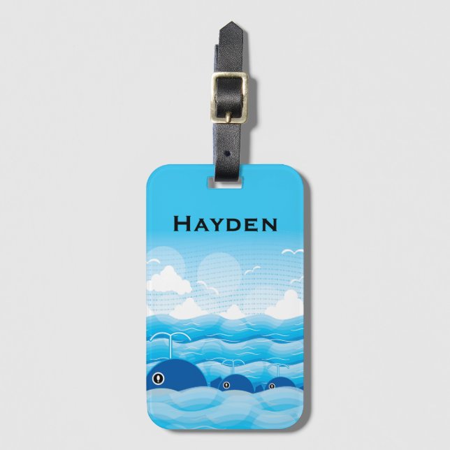 Etiqueta De Bagagem Baleias e Ondas Oceânicas Azul Personalizado (Frente Vertical)