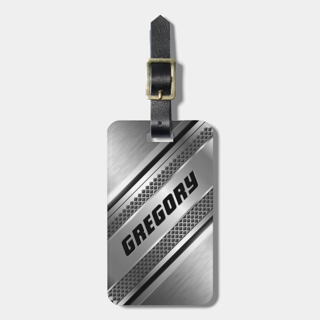 Etiqueta De Bagagem Bandas de Prata Masculinas Faux Design Monogramas  (Frente Vertical)