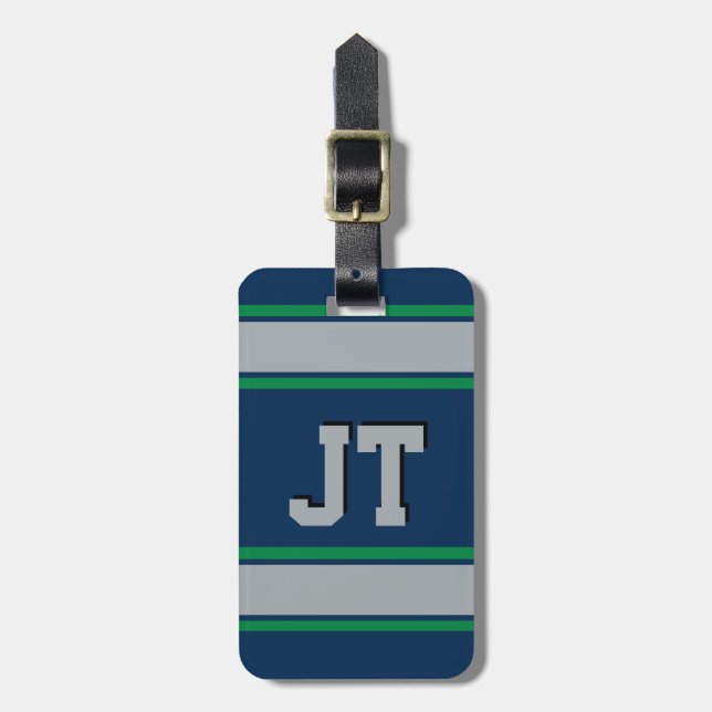 Etiqueta De Bagagem Bandas Desportivas Azuis e Verdes Monogramas (Frente Vertical)