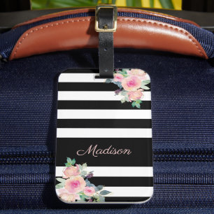 Etiqueta De Bagagem Bandas Elegantes Florais Nomes Pretos