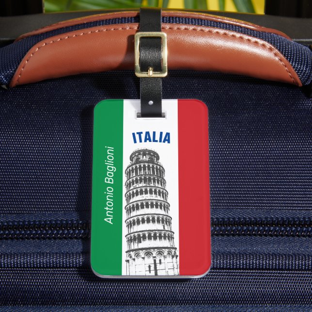 Etiqueta De Bagagem Bandeira Italiana e Torre da Bagagem de Pisa (Frente Insitu 2)