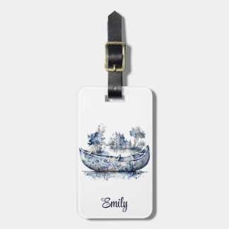 Etiqueta De Bagagem Barco estilo Delft azul e branco com cena de aldei