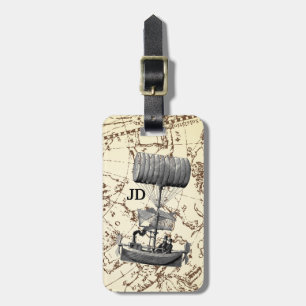 Etiqueta De Bagagem Barco Voador Steampunk no Mapa Zodiac com Iniciais