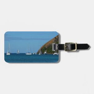 Etiqueta De Bagagem Barcos à vela na Baía de Branco e Azul Náutico