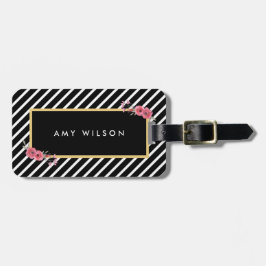 Etiqueta De Bagagem Barra Preta Chic Stripes Aquarela Etiqueta Floral