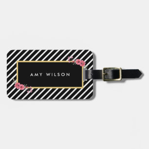 Etiqueta De Bagagem Barra Preta Chic Stripes Aquarela Etiqueta Floral