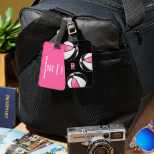 Etiqueta De Bagagem basquete preto rosa bolas jovens monograma de atle