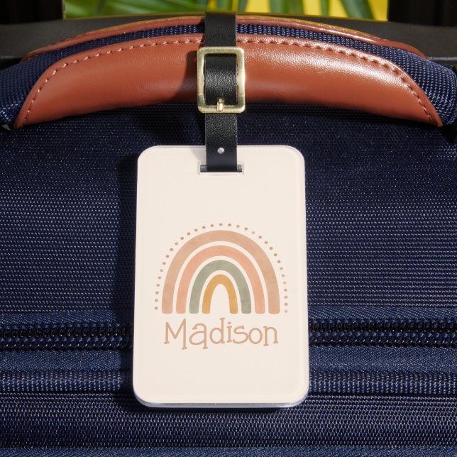 Etiqueta De Bagagem Bege Marrom Personalizado Boho Arco-íris Creme  (Frente Insitu 2)