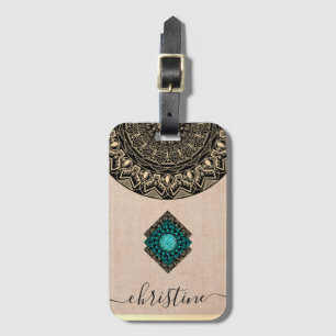 Etiqueta De Bagagem Beige burlap black gold mandala nome do script chi