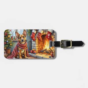 Etiqueta De Bagagem Belgian Malinois Lareira com Luzes de Natal
